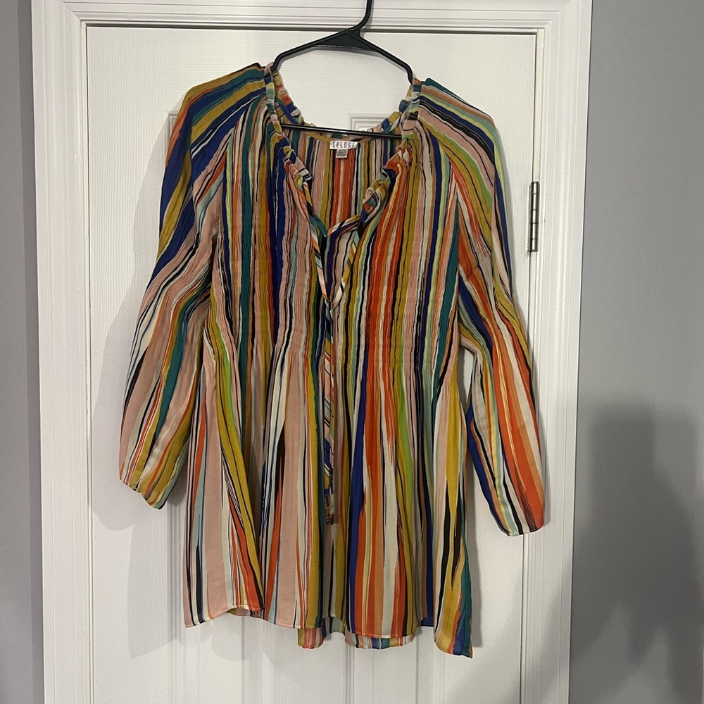 Spense Orange Brown Tie Front Bib Collar Blouse